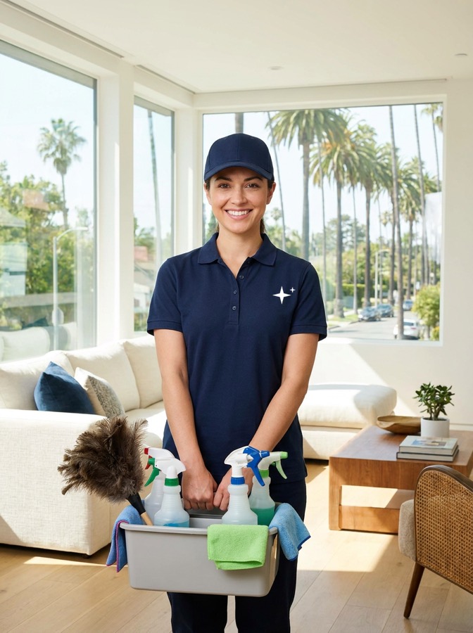 Background-checked Tideline Turnover cleaner in a navy uniform holding cleaning supplies in a bright Los Angeles short-term rental